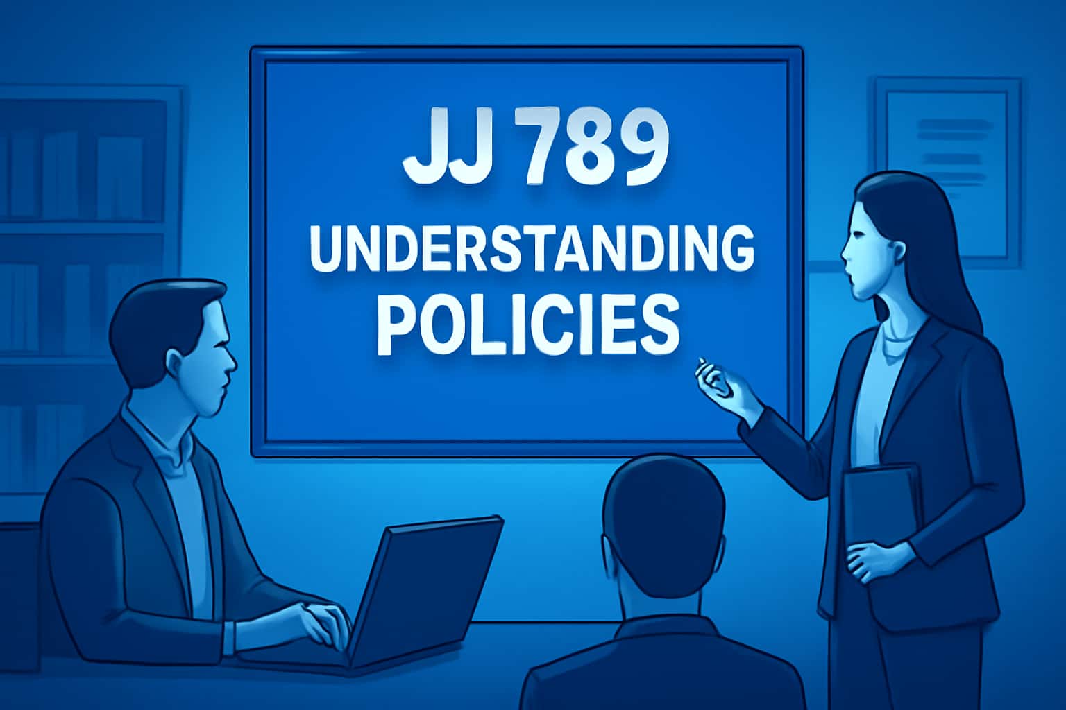 An informational scene depicting JJ 789 policies with a futuristic design.